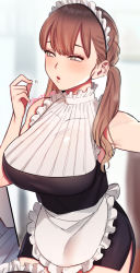 Rule 34 | 1girl, apron, armpits, artist name, artist request, bare shoulders, blurry, blurry background, breasts, brown hair, dress, large breasts, long hair, maid, maid apron, maid headdress, parted lips, pig tail, sleeveless, sleeveless dress, solo, tail, turtleneck, twintails
