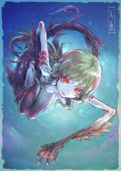 Rule 34 | 1girl, blue background, breasts, gradient hair, gradient skin, highres, horikawa shuukai, long hair, looking at viewer, mermaid, monster girl, multicolored hair, red eyes, small breasts, solo, underwater, webbed hands, traditional youkai