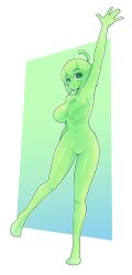 Rule 34 | 1girl, absurdres, ahoge, arm up, blush, breasts, collarbone, colored skin, commission, fizintine, full body, green eyes, green hair, green skin, highres, large breasts, looking at viewer, monster girl, navel, nude, open mouth, original, short hair, slime girl, smile, solo, teeth, tongue, upper teeth only