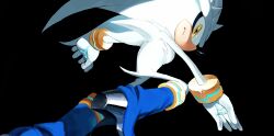 1boy absurdres alternate_costume animal_ears animal_nose black_background blue_footwear boots closed_mouth commentary_request from_side furry furry_male gloves highres looking_at_viewer male_focus silver_the_hedgehog simple_background solo sonic_(series) tail tokiwa757 white_gloves yellow_eyes