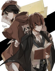 Rule 34 | 2boys, animal, animal on shoulder, back-to-back, belt, black belt, black hair, black pants, black vest, book, brown eyes, brown hair, brown hat, bungou stray dogs, chaena (exmd3552), closed mouth, commentary request, edgar allan poe (bungou stray dogs), edogawa ranpo (bungou stray dogs), green eyes, hair over one eye, hand on headwear, hat, highres, holding, holding book, hood, hood down, jacket, long sleeves, looking back, male focus, multiple boys, open book, pants, paper, raccoon, shirt, short hair, vest, white shirt