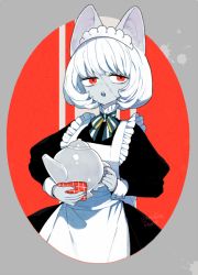 Rule 34 | 1girl, animal ears, apron, black dress, colored skin, dress, frilled apron, frills, grey skin, holding, holding teapot, l hakase, long sleeves, maid, maid headdress, open mouth, original, red background, red eyes, short hair, solo, teapot, upper body, white apron, white hair