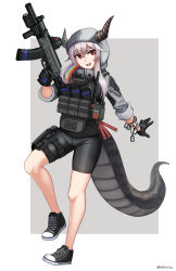 Rule 34 | 1girl, :d, absurdres, bike shorts, black footwear, black gloves, black jacket, black shorts, commentary request, gloves, grey background, grey hair, gun, hair between eyes, highres, holding, holding gun, holding weapon, horns, horns through headwear, jacket, long hair, long sleeves, looking at viewer, ndtwofives, open mouth, original, rainbow gradient, red eyes, shoes, short shorts, shorts, smile, solo, tail, teeth, two-tone background, upper teeth only, v-shaped eyebrows, weapon, weapon request, white background
