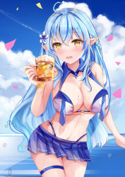 Rule 34 | 1girl, :d, ahoge, alcohol, bare arms, bare shoulders, beer, bikini, bikini top only, blue flower, blue hair, blue skirt, blue sky, blush, braid, brown eyes, cloud, cloudy sky, commentary request, confetti, cup, day, flower, hair between eyes, hair flower, hair ornament, half updo, heart, heart ahoge, highres, holding, holding cup, hololive, horizon, long hair, looking at viewer, mug, multicolored hair, mutang, navel, ocean, open mouth, outdoors, pleated skirt, pointy ears, skindentation, skirt, sky, smile, solo, streaked hair, swimsuit, thigh strap, very long hair, virtual youtuber, water, white bikini, white flower, yukihana lamy