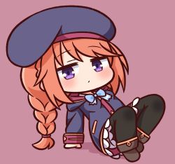 Rule 34 | 1girl, beret, black hat, black pantyhose, blue bow, blue coat, blush, boots, bow, braid, breasts, brown background, brown footwear, brown hair, chibi, closed mouth, coat, dress, full body, hana kazari, hat, highres, hood, hood down, hooded coat, knees up, long hair, long sleeves, looking at viewer, pantyhose, princess connect!, purple eyes, small breasts, solo, white dress, yuni (princess connect!)