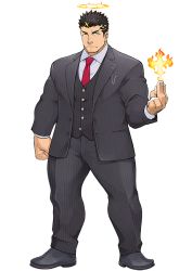 Rule 34 | 1boy, alternate costume, bara, black hair, clenched hand, coat, collared coat, collared shirt, facial hair, formal, frown, half-closed eyes, halo, male focus, manly, mature male, muscular, muscular male, naop (anything), necktie, official art, open clothes, open coat, pants, shirt, shoes, solo, sparkle, spiked hair, stubble, suit, thick arms, thick eyebrows, thick thighs, thighs, tokyo houkago summoners, transparent background, yellow eyes, zabaniyya (fashionista suit) (housamo), zabaniyya (housamo)