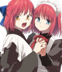 Rule 34 | 2girls, apron, blue bow, blue eyes, blush, bow, brown dress, brown kimono, closed mouth, collared dress, commentary request, dress, frilled apron, frills, fujihana (mugenpixel), hair bow, half updo, hisui (tsukihime), holding, holding hands, japanese clothes, juliet sleeves, kimono, kohaku (tsukihime), long sleeves, looking at viewer, maid, maid apron, maid headdress, mixed maids, multiple girls, neck ribbon, open mouth, puffy sleeves, red hair, red ribbon, ribbon, short hair, siblings, signature, simple background, sisters, smile, tsukihime, twins, upper body, wa maid, white apron, white background, wide sleeves, yellow eyes
