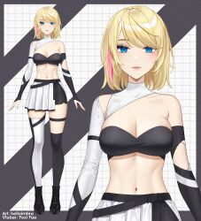 Rule 34 | 1girl, absurdres, asymmetrical legwear, bandeau, bare shoulders, black footwear, black thighhighs, blonde hair, blue eyes, boots, breasts, character request, cleavage, commentary request, copyright request, detached sleeves, eyeshadow, helloimtea, highres, large breasts, long sleeves, looking at viewer, makeup, midriff, miniskirt, mismatched legwear, multicolored hair, multiple views, navel, pink hair, pink lips, short hair, skirt, standing, stomach, swept bangs, thighhighs, virtual youtuber, white skirt, white thighhighs