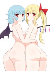 Rule 34 | 2girls, ass, back, bad id, bad pixiv id, bare arms, bare back, bare legs, bare shoulders, bat wings, blonde hair, blue hair, blush, bow, breast press, breasts, cowboy shot, demon wings, female focus, flandre scarlet, flat chest, hair bow, hifumiyo, highres, hug, incest, legs, light blue hair, long hair, looking at viewer, looking back, multiple girls, neck, nude, pointy ears, red bow, red eyes, remilia scarlet, short hair, siblings, side ponytail, sidelocks, simple background, sisters, smile, standing, touhou, white background, wings, yuri