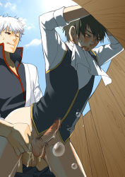 Rule 34 | 00s, 2boys, :p, anal, bent over, blush, bottomless, cum, cum in ass, cumdrip, from behind, gintama, hijikata toushirou, licking, male focus, male penetrated, multiple boys, one eye closed, open mouth, outdoors, penis, sakata gintoki, sweat, sweatdrop, testicles, tongue, tongue out, wince, wink, yaoi