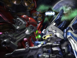Rule 34 | a mituhashi, axis (gundam), beam rifle, char&#039;s counterattack, char&#039;s counterattack - beltorchika&#039;s children, chibi, commentary request, earth (planet), energy gun, eye contact, glowing, glowing eyes, green eyes, gundam, hi-nu gundam, light particles, looking at another, mecha, mobile suit, nightingale, nightingale (gundam), no humans, one-eyed, planet, robot, sd gundam, shield, space, star (sky), v-fin, weapon, yellow eyes