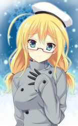 Rule 34 | 1girl, alternate costume, black gloves, blonde hair, blue eyes, breasts, coat, glasses, gloves, hat, highres, i-8 (kancolle), icetiina, kantai collection, long coat, long hair, long sleeves, looking at viewer, low twintails, medium breasts, peaked cap, red-framed eyewear, sailor hat, semi-rimless eyewear, smile, snow, snowflakes, solo, twintails, under-rim eyewear, upper body, winter clothes, winter coat