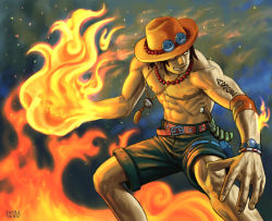 Rule 34 | 00s, 1boy, 2009, abs, belt, bracelet, fire, freckles, hat, jewelry, knife, male focus, matataku, muscular, necklace, one piece, portgas d. ace, sheath, sheathed, topless male, shorts, smoke, solo, stampede string, tattoo