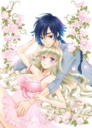 Rule 34 | 1boy, 1girl, blonde hair, blue eyes, blue hair, braid, breasts, cleavage, code geass, code geass: boukoku no akito, collarbone, couple, dress, flower, hair between eyes, hand in another&#039;s hair, hyuuga akito, komaichi, large breasts, leila malcal, long hair, lying, on back, on stomach, parted lips, petals, pink dress, pink flower, pink ribbon, ponytail, purple eyes, rei no himo, ribbon, short dress, sideboob, single braid, sleeveless, sleeveless dress, smile, very long hair, white background