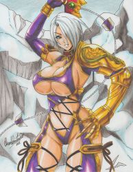 Rule 34 | 1girl, 2022, absurdres, blue eyes, breasts, cleavage, golden arms, hair over one eye, highres, isabella valentine, large breasts, namco, navel, ravernclouk design, revealing clothes, short hair, snow mountain, soul calibur, soulcalibur, soulcalibur iv, underboob, weapon, white background, white hair