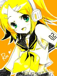 Rule 34 | 1girl, :d, arm warmers, blonde hair, blouse, blue eyes, blush, bow, character name, frills, hair bow, hair ornament, hairclip, headphones, heart, kagamine rin, looking at viewer, navel, open mouth, orange background, ribbon, sailor collar, shinia, shirt, short hair, simple background, sleeveless, smile, solo, stomach, swept bangs, tattoo, treble clef, upper body, vocaloid, white bow, white shirt, yellow ribbon