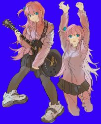 Rule 34 | 1girl, blue background, blue eyes, bocchi the rock!, cloudyooooo, cube hair ornament, electric guitar, gibson les paul, gotoh hitori, grey skirt, guitar, hair between eyes, hair ornament, highres, holding, holding instrument, instrument, jacket, long hair, multiple views, music, one side up, open mouth, pants, pants under skirt, pink hair, pink jacket, pink pants, playing instrument, pleated skirt, skirt, track jacket, track pants