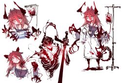 Rule 34 | 1girl, amputee, bags under eyes, blood, blood on clothes, claws, detached arm, detached horns, extra arms, female focus, hair between eyes, head tilt, highres, horns, id card, injury, intravenous drip, karasu raven, lab coat, lanyard, long hair, magic, messy hair, monster girl, nosebleed, original, oversized clothes, red hair, simple background, sword, tail, weapon, white background