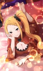 Rule 34 | 1girl, braid, braided bangs, breasts, cleavage, dress, hand on own face, highres, large breasts, long hair, long sleeves, looking at viewer, lying, official art, on bed, on stomach, orange hair, pillow, priscilla barielle, re:zero kara hajimeru isekai seikatsu, red dress, red eyes, side ponytail, smile, wide sleeves