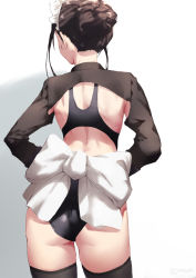 Rule 34 | 1girl, ass, black one-piece swimsuit, black thighhighs, bow, brown hair, commentary request, competition swimsuit, cowboy shot, facing away, from behind, hair bun, jonsun, large bow, long sleeves, maid headdress, mixed-language commentary, one-piece swimsuit, original, short hair, shrug (clothing), single hair bun, solo, swimsuit, thighhighs, twitter username, two-tone background, white bow