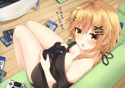 Rule 34 | 1girl, barefoot, battlefield (series), battlefield 1, blonde hair, blush, breasts, brown eyes, cleavage, controller, downblouse, from above, game console, game controller, hair between eyes, hair ornament, indoors, komori kuzuyu, long hair, looking at viewer, medium breasts, nao (kuzuya), off shoulder, open mouth, original, playstation 4, sitting, solo, x hair ornament