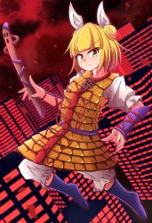 Rule 34 | 1girl, aospanking, armor, armored dress, blonde hair, blunt bangs, breasts, closed mouth, cloud, cloudy sky, commentary request, double bun, dress, dutch angle, frown, full body, hair bun, hair ribbon, haniwa (statue), highres, holding rod, joutouguu mayumi, looking at viewer, no shoes, outdoors, pants, puffy short sleeves, puffy sleeves, purple legwear, red ribbon, red sky, ribbon, serious, short hair, short sleeves, sky, small breasts, solo, touhou, v-shaped eyebrows, vambraces, white pants, white ribbon, yellow dress, yellow eyes
