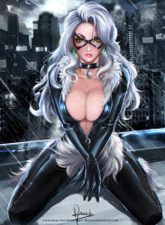 Rule 34 | 1girl, areola slip, artist name, bell, black cat (marvel), bodysuit, breasts, building, cityscape, cleavage, collar, collarbone, deviantart username, earrings, fur trim, green eyes, highres, javier estrada, jewelry, large breasts, long hair, looking at viewer, marvel, mask, neck bell, no bra, parted lips, rain, shiny clothes, sitting, solo, spider-man (series), spread legs, water drop, watermark, web address, white hair, zipper
