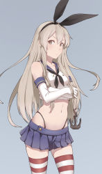 Rule 34 | 1girl, anchor hair ornament, black panties, blonde hair, blouse, blue background, blue sailor collar, blue skirt, brown eyes, cheshirrr, crossed arms, gloves, grey background, hair ornament, hairband, highleg, highleg panties, highres, kantai collection, long hair, looking at viewer, microskirt, miniskirt, navel, panties, pleated skirt, sailor collar, school uniform, serafuku, shimakaze (kancolle), shirt, simple background, skirt, solo, standing, striped clothes, striped thighhighs, thighhighs, underwear, white gloves, white shirt
