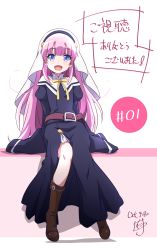 Rule 34 | 1girl, :d, belt, blue eyes, boots, dated, habit, highres, kamisama ni natta hi, knee boots, long hair, looking at viewer, nii manabu, official style, open mouth, pink hair, robe, satou hina (kamisama ni natta hi), signature, simple background, sitting, sleeves past fingers, sleeves past wrists, smile, solo, translated