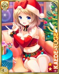Rule 34 | 1girl, black bow, blonde hair, blue eyes, boots, bow, breasts, card, character name, cleavage, elbow gloves, girlfriend (kari), gloves, hat, indoors, lights, midriff, navel, night, official art, open mouth, qp:flapper, red bow, red gloves, red shirt, red shorts, santa boots, santa costume, santa hat, shirt, shorts, sitting, smile, solo, yuge kaede