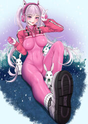 Rule 34 | 1girl, 3others, :d, absurdres, alice (nikke), animal ear headphones, animal ears, blush, bodysuit, breasts, character name, covered navel, cropped jacket, fake animal ears, gloves, goddess of victory: nikke, headphones, headset, highres, impossible bodysuit, impossible clothes, jacket, knee up, latex, latex bodysuit, long hair, looking at viewer, maxma29, medium breasts, multiple others, open mouth, pink bodysuit, pink eyes, pink gloves, pink hair, pink jacket, rabbit, shoes, sidelocks, sitting, skin tight, smile, sneakers, socks, twintails, two-tone gloves, v, white footwear, white gloves, white socks