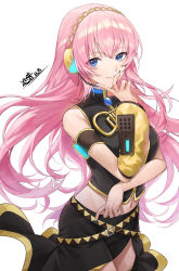 Rule 34 | 1girl, arm under breasts, armband, asymmetrical sleeves, belt, blue eyes, breasts, brooch, character name, coppepan, crop top, crossed belts, detached sleeves, floating clothes, glowing clothes, hairband, hand on own chin, hand up, headphones, headset, high collar, highres, jewelry, large breasts, legs together, long hair, long sleeves, looking at viewer, megurine luka, midriff, multiple belts, nail polish, navel, pink hair, shirt, side slit, single sleeve, skirt, sleeveless, sleeveless shirt, smile, solo, v, very long hair, vocaloid