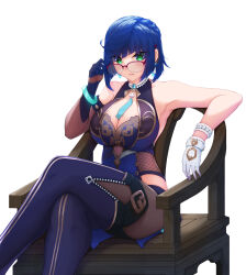 Rule 34 | 1girl, absurdres, armpit crease, armpit focus, armpits, asymmetrical gloves, bare shoulders, bespectacled, blue gloves, blue hair, blue pants, breasts, chair, cleavage, commentary request, feet out of frame, genshin impact, glasses, gloves, green eyes, highres, large breasts, leggings, looking at viewer, mismatched gloves, pants, parted lips, red-framed eyewear, shinrou tsukimi, short hair, simple background, sitting, sleeveless, smile, solo, thighs, white background, white gloves, yelan (genshin impact)