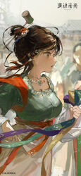 Rule 34 | 1girl, absurdres, banbi, black eyes, black hair, blurry, blurry background, breasts, chinese clothes, copyright name, copyright notice, crowd, day, floating hair, from side, green shirt, hair bun, hair ornament, hanfu, highres, holding, holding ribbon, jewelry, jiu niangzi, layered sleeves, logo, long hair, long sleeves, looking ahead, medium breasts, necklace, official art, official wallpaper, outdoors, parted lips, people, profile, red shawl, reverse:1999, ribbon, shawl, shirt, short over long sleeves, short sleeves, single side bun, skirt, skirt hold, sky, solo focus, tassel, tassel hair ornament, upper body, white sky, white sleeves, yellow skirt