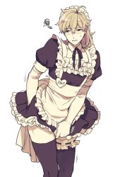 Rule 34 | 1boy, adjusting clothes, ahoge, alternate costume, apron, blush, crossdressing, duo chromatic, elbow gloves, embarrassed, enmaided, fate/grand order, fate (series), frilled skirt, frills, gloves, kihonsiii, looking to the side, maid, maid apron, male focus, parted lips, ponytail, puffy short sleeves, puffy sleeves, romani archaman, short sleeves, skirt, solo, squiggle, thighhighs, thighlet, wavy mouth
