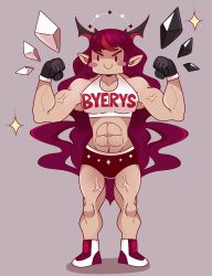 Rule 34 | &gt;:), 1girl, abs, absurdres, blush stickers, boots, buruma, highres, hololive, hololive english, horns, irys (hololive), long hair, mori calliope (artist), multicolored hair, muscular, muscular female, pointy ears, purple hair, red hair, smile, solo, sports bra, streaked hair, v-shaped eyebrows, veins, veiny arms, veiny thighs, virtual youtuber, | |