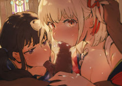 Rule 34 | 1boy, 2girls, black hair, blonde hair, blush, breasts, censored, cleavage, commentary request, cooperative fellatio, cum, dark-skinned male, dark skin, fellatio, ffm threesome, group sex, gsusart, hair ribbon, hand on another&#039;s head, hetero, inoue takina, long hair, looking at viewer, lycoris recoil, medium breasts, mosaic censoring, multiple girls, nishikigi chisato, oral, penis, purple eyes, red eyes, red ribbon, ribbon, short hair, testicle sucking, testicles, threesome, twintails