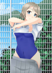 Rule 34 | 10s, 1girl, blue eyes, blue one-piece swimsuit, competition swimsuit, covered navel, fence, grey sailor collar, grey skirt, looking at viewer, love live!, love live! sunshine!!, one-piece swimsuit, pleated skirt, sailor collar, sano souichi, school uniform, serafuku, short hair, silver hair, skirt, solo, swimsuit, swimsuit under clothes, undressing, watanabe you
