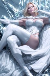 Rule 34 | 1girl, blonde hair, blue eyes, boots, breasts, cape, cleavage, comic cover, cover image, crossed legs, elbow gloves, emma frost, eyeshadow, fur-trimmed cape, fur trim, gloves, head tilt, highres, leotard, looking at viewer, makeup, marvel, medium breasts, official art, purple eyeshadow, realistic, sitting, solo, stanley lau, thigh boots, throne, white cape, white footwear, white gloves, white leotard, x-men