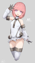 Rule 34 | 1girl, aikawa aika, alice gear aegis, arm up, bare shoulders, black gloves, braid, breasts, character name, commentary request, covered navel, crown braid, detached sleeves, gloves, grey background, leotard, looking at viewer, microskirt, open mouth, pink eyes, pink hair, red cat hood, short hair, signature, simple background, skirt, sleeveless turtleneck leotard, small breasts, smile, solo, teeth, thighhighs, two-tone gloves, upper teeth only, white gloves, white leotard, white skirt, white thighhighs