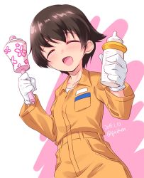 Rule 34 | 1girl, :d, baby bottle, blush, bottle, brown eyes, brown hair, commentary request, dated, facing viewer, girls und panzer, gloves, highres, holding, holding rattle, jumpsuit, kuzuryuu kennosuke, long sleeves, mechanic, nakajima (girls und panzer), one-hour drawing challenge, open mouth, orange jumpsuit, rattle, shirt, short hair, smile, solo, standing, twitter username, uniform, upper body, white background, white gloves, white shirt