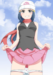 Rule 34 | 1girl, absurdres, black shirt, blue eyes, blue hair, blush, bow, bow panties, breasts, clothes lift, cloud, cowboy shot, creatures (company), dawn (pokemon), day, floating hair, game freak, grin, hair ornament, hairclip, hat, highres, lifting own clothes, long hair, looking at viewer, miniskirt, negimiso1989, nintendo, outdoors, panties, panty pull, pink skirt, pokemon, pokemon dppt, pussy juice, red scarf, scarf, shirt, skirt, skirt lift, sleeveless, sleeveless shirt, small breasts, smile, solo, standing, underwear, very long hair, white hat, white panties
