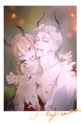 Rule 34 | 1boy, 1girl, absurdres, adam&#039;s apple, black horns, blood, blood from mouth, blood on clothes, blood on face, blood on hands, blush, border, brown hair, charlie su, collarbone, collared shirt, couple, cross, cross necklace, demon, demon horns, denpa0304, earrings, eyeshadow, fang, fingernails, grey hair, hair between eyes, halloween, halloween costume, hand up, highres, horns, jewelry, light and night love, long hair, looking at viewer, makeup, medium hair, nail polish, necklace, open clothes, open hands, open mouth, open shirt, orange nails, parted bangs, pink eyes, protagonist (light and night love), purple eyes, purple eyeshadow, purple nails, shirt, sparkle, stud earrings, tattoo, teeth, upper teeth only, white border, white shirt