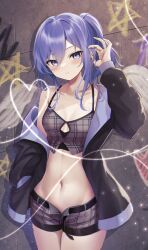 Rule 34 | 1girl, absurdres, alternate costume, angel wings, arm up, belt, black belt, black jacket, blue eyes, blue hair, blush, breasts, camisole, cowboy shot, graffiti, highres, hololive, hoshimachi suisei, jacket, light particles, long hair, looking at viewer, midriff, navel, nekorone0222, open fly, parted lips, plaid, plaid shirt, plaid shorts, shirt, short shorts, shorts, side ponytail, sidelocks, single bare shoulder, small breasts, solo, star (symbol), stomach, virtual youtuber, wavy hair, wings