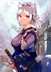 Rule 34 | 1girl, animal ears, breasts, highres, katana, looking at viewer, maid, maid headdress, medium hair, original, parted bangs, red eyes, solo, sword, tail, wa maid, walzrj, weapon, wendy (walzrj), white hair, wolf ears, wolf tail