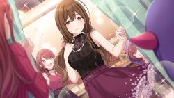 Rule 34 | 3girls, ahoge, alstroemeria (idolmaster), bare arms, bare shoulders, belt, breasts, brown eyes, brown hair, choker, clenched hand, curtain grab, curtains, demon hood, fitting room, floral print, frilled skirt, frills, hair between eyes, hair ornament, hair scrunchie, hood, horned hood, horns, idolmaster, idolmaster shiny colors, indoors, jewelry, kuwayama chiyuki, large breasts, long hair, looking at another, low twintails, mirror, multiple girls, necklace, official alternate costume, official alternate hairstyle, official art, open mouth, osaki amana, osaki tenka, pearl necklace, scrunchie, shirt, skirt, sleeveless, sleeveless shirt, smile, standing, sweatdrop, trying on clothes, twintails