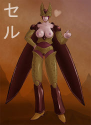 Rule 34 | 1girl, breasts, cell (dragon ball), colored skin, dragon ball, dragonball z, genderswap, genderswap (mtf), green skin, grinning iguana, heart, large breasts, nipples, nude, pale skin, perfect cell, pointing, red eyes, solo, wings