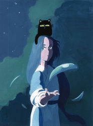Rule 34 | 2boys, a tran, absurdres, animal, animal on head, cat, cat on head, floating, floating object, green eyes, highres, long sleeves, looking at viewer, luo xiaohei, luo xiaohei (cat), luo xiaohei zhanji, multiple boys, night, on head, outdoors, tree, upper body, wuxian (the legend of luoxiaohei)