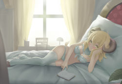 Rule 34 | 1girl, bed, blonde hair, blurry, blush, bra, curtains, depth of field, full body, high heels, horns, indoors, light smile, lingerie, long hair, looking at viewer, lying, nail polish, on side, original, panties, pink nails, sheep horns, shiny skin, shoes, smile, solo, sonikey0 0, tail, thighhighs, underwear, underwear only, white bra, white panties, white thighhighs, window, yellow eyes