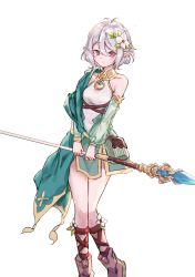 Rule 34 | 1girl, absurdres, antenna hair, bad id, bad pixiv id, bare shoulders, blush, boots, brown footwear, closed mouth, collarbone, commentary request, detached sleeves, dress, flower, green dress, grey hair, hair between eyes, hair flower, hair ornament, highres, holding, holding polearm, holding spear, holding weapon, kokkoro (princess connect!), long sleeves, looking at viewer, miramu (ramu450471), pink eyes, pointy ears, polearm, princess connect!, puffy long sleeves, puffy sleeves, see-through, see-through sleeves, short dress, simple background, sleeveless, sleeveless dress, solo, spear, weapon, white background, white flower